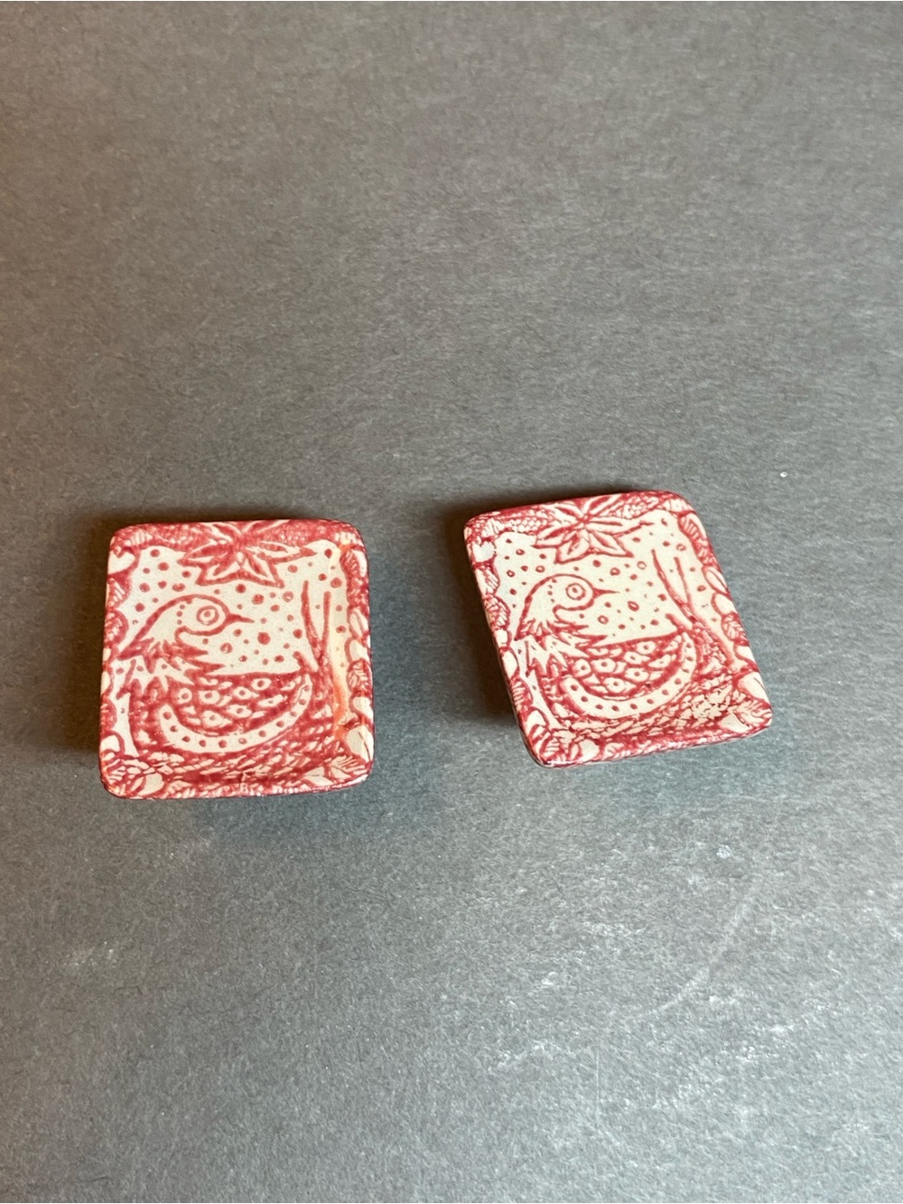 Vintage red bird porcelain clip earrings